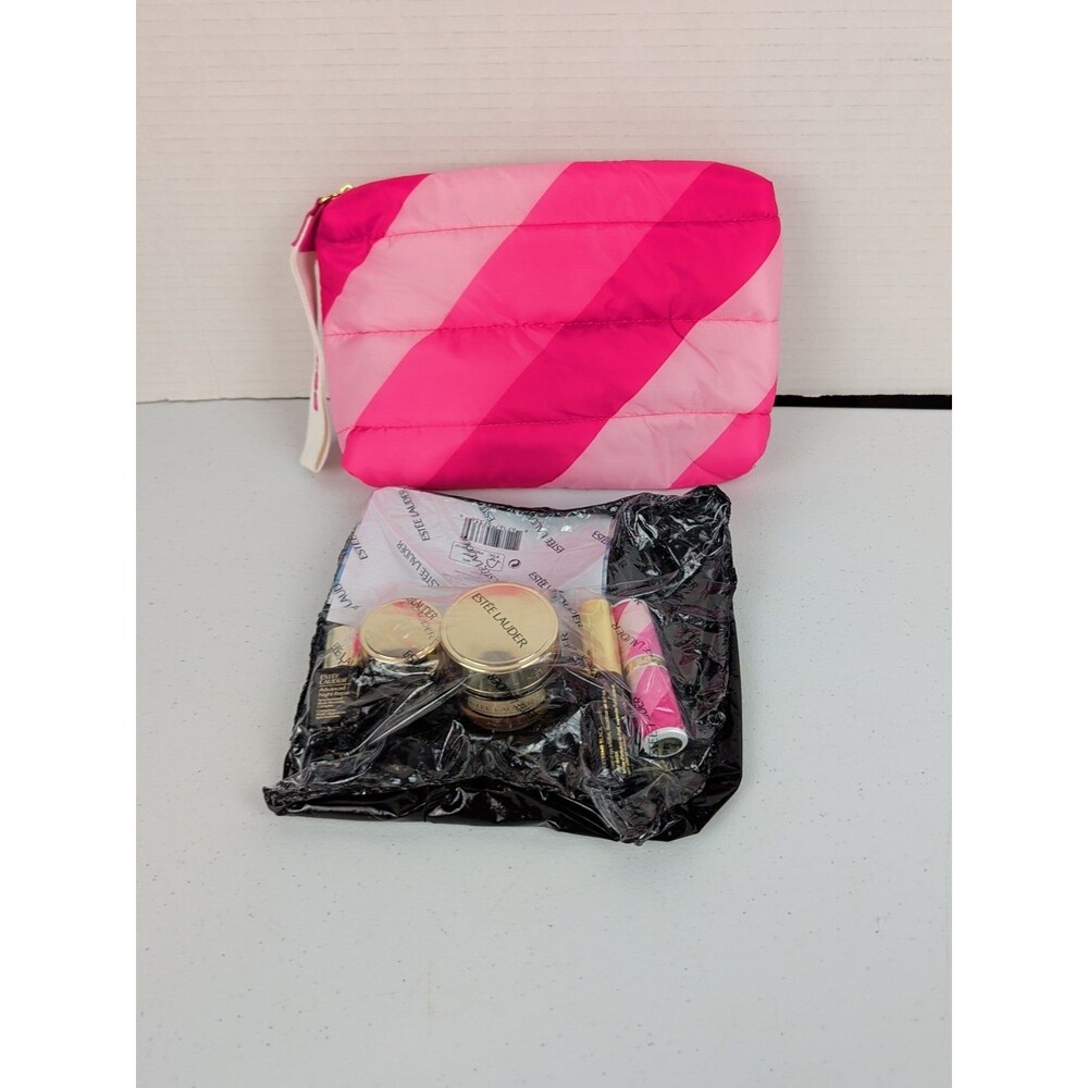 ESTEE LAUDER  Pink Striped Puffer Makeup Cosmetics W/ Sample Size Cosmetics Read